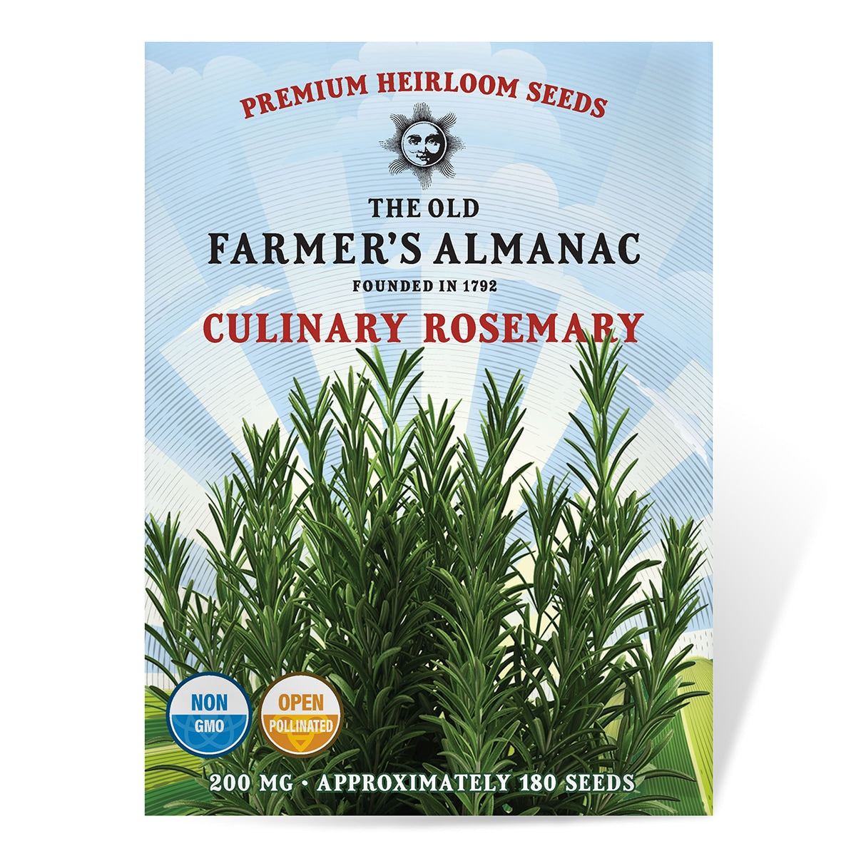 Seed packet for Culinary Rosemary from The Old Farmer's Almanac with green plants on a blue background.