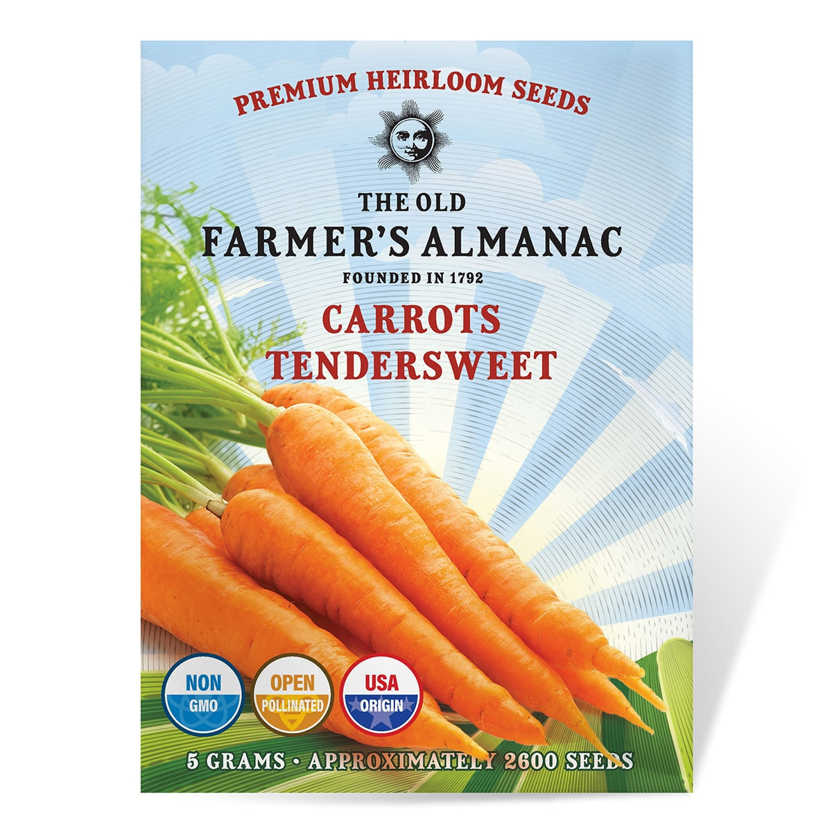 Seed packet for 'Carrots Tendersweet' from The Old Farmer's Almanac with carrots and branding details.