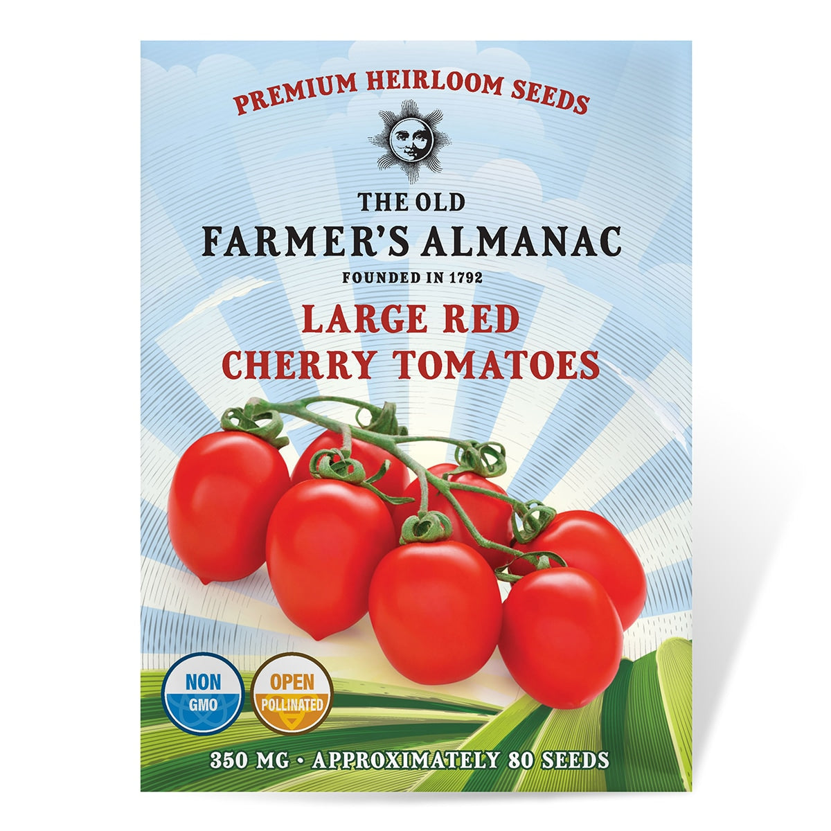 Seed packet for 'Large Red Cherry Tomatoes' by The Old Farmer's Almanac on a white background