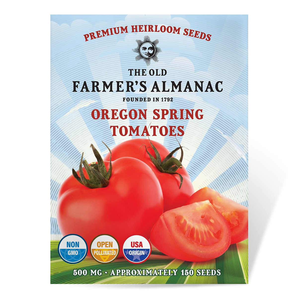 Seed packet for 'Oregon Spring Tomatoes' by The Old Farmer's Almanac with tomatoes and branding details.