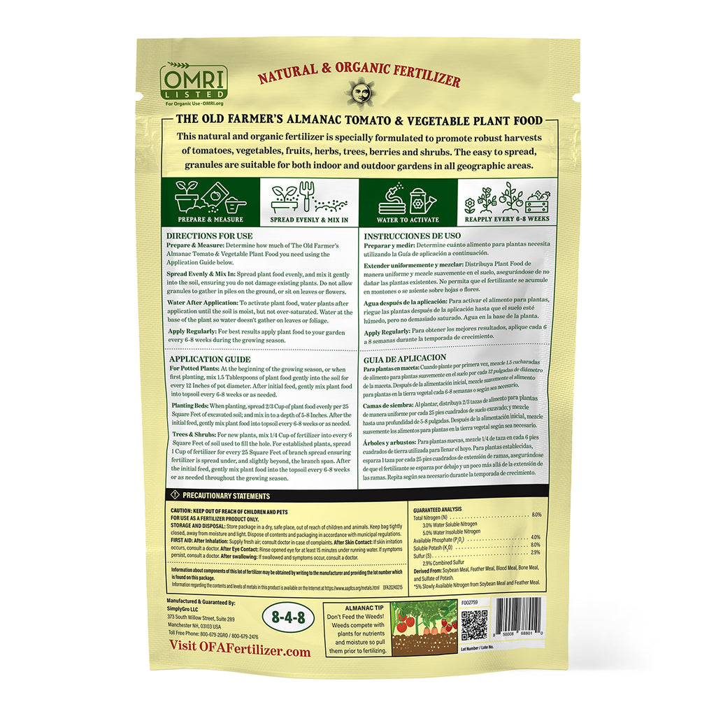 Back View of a Package of The Old Farmer's Almanac Tomato & Vegetable Food Bag