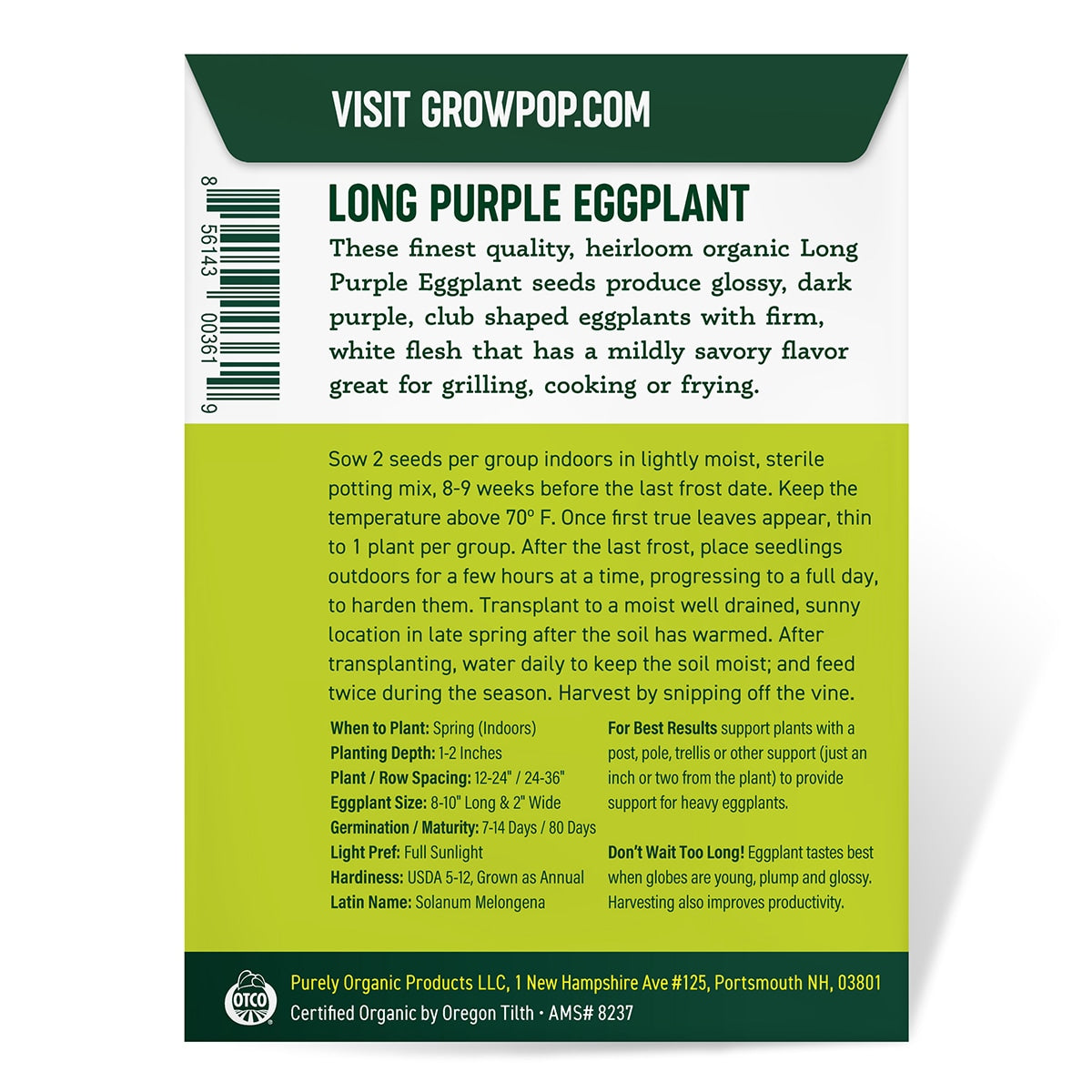 Back View of Eggplant seeds package with purple eggplants and 'Purely Organic' branding on a white background.