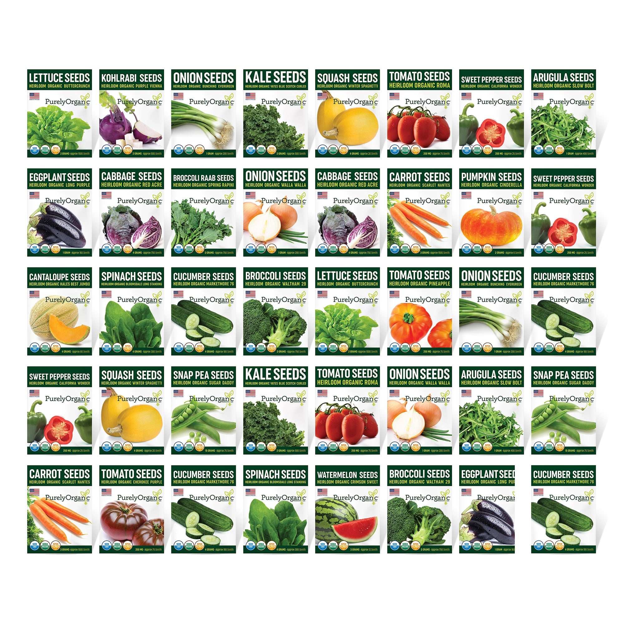 Collection of vegetable seed packets on a white background