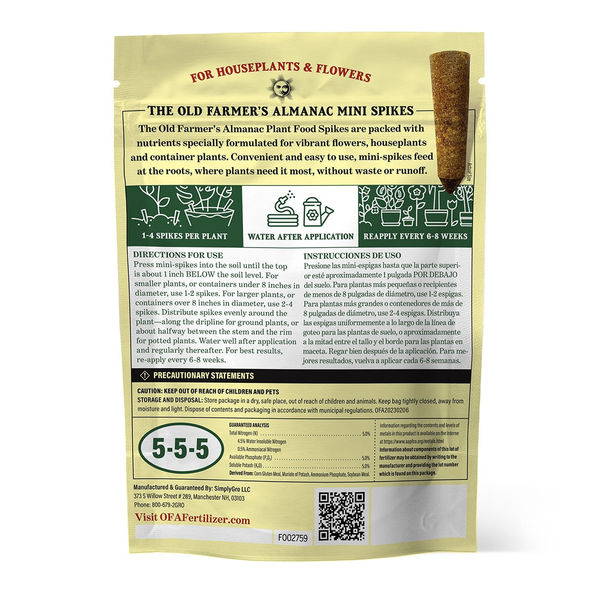 Back View of a Package of The Old Farmer's Almanac Spikes
