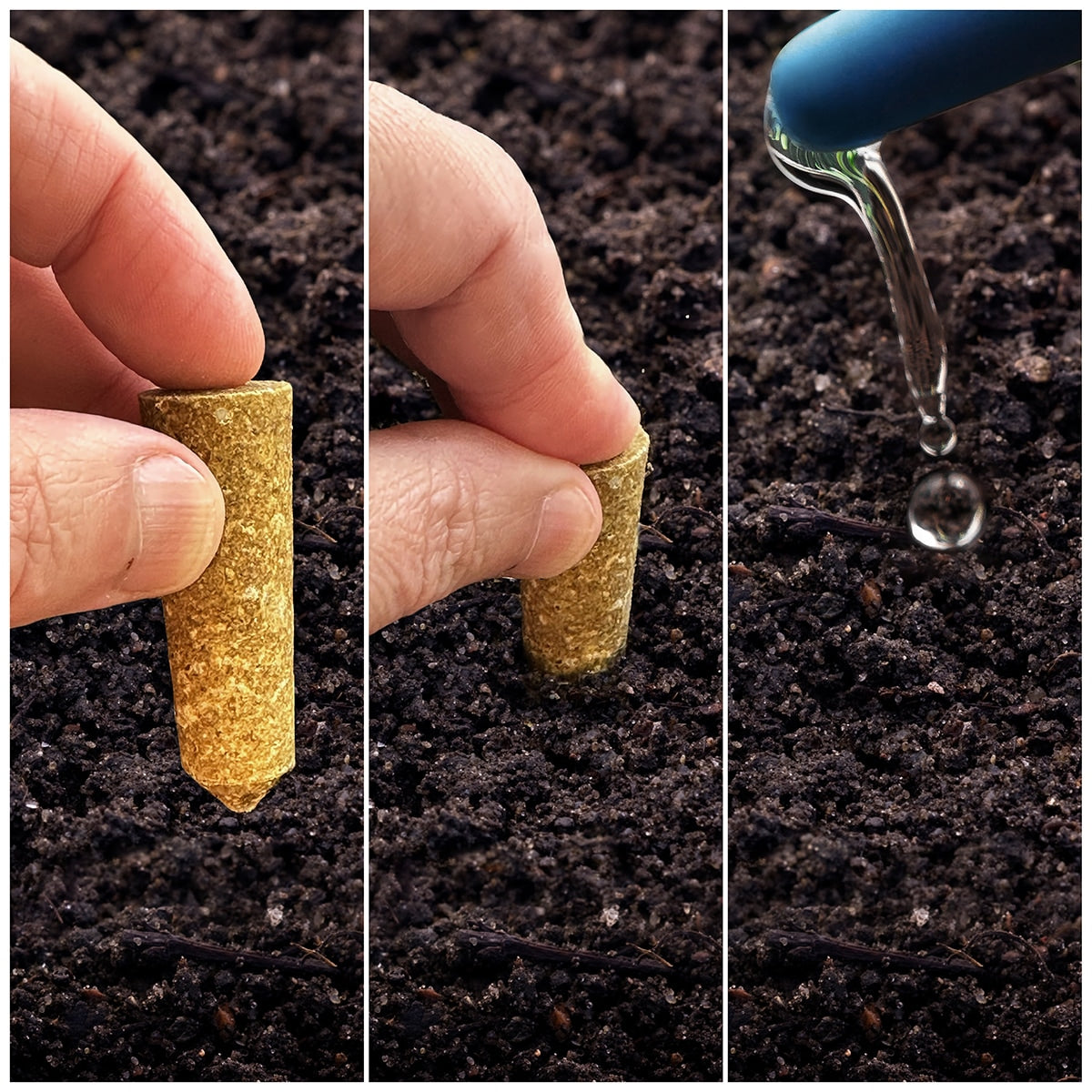 Fingers inserting a spike into soil and watering it 