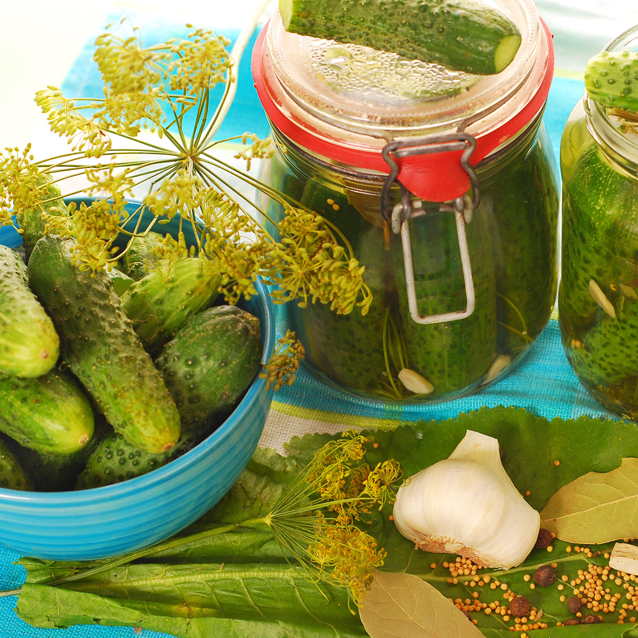 Dill and Pickles Next to a Glass Jar 