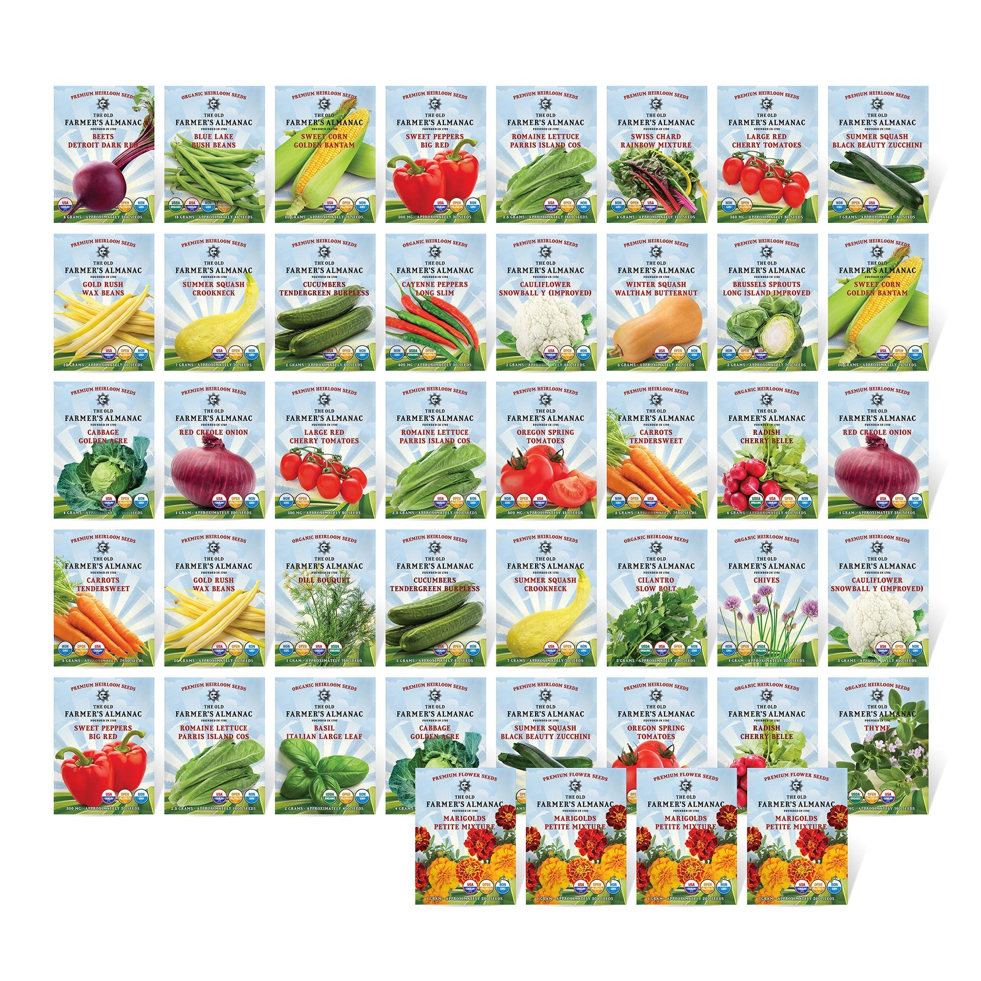 Grid of Farmer's Almanac seed packets with various vegetables on a white background