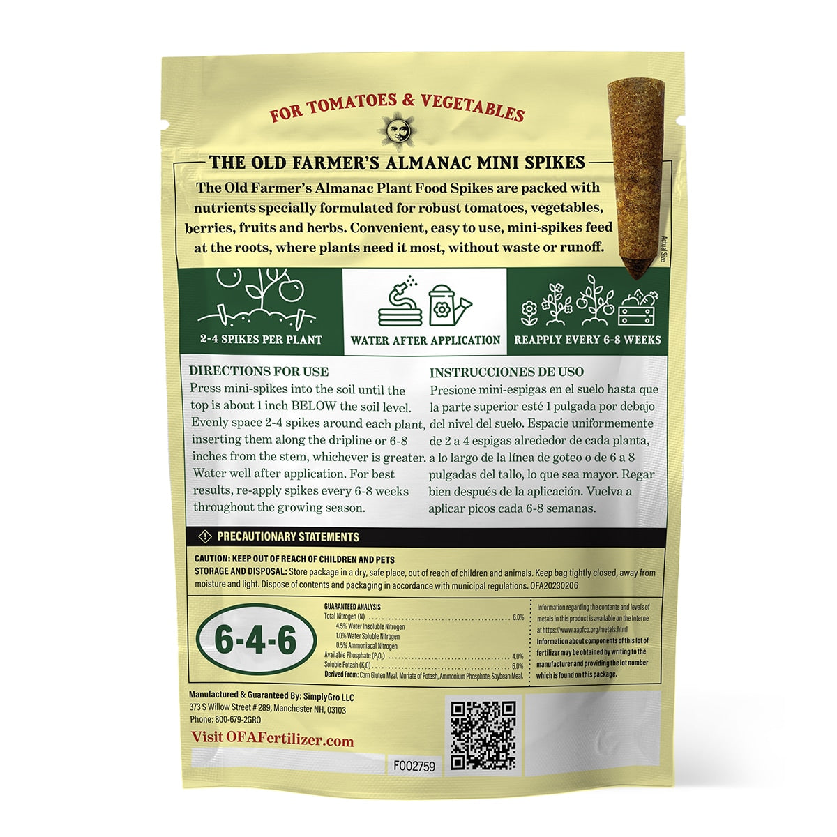 Back View of a Package of The Old Farmer's Almanac Spikes